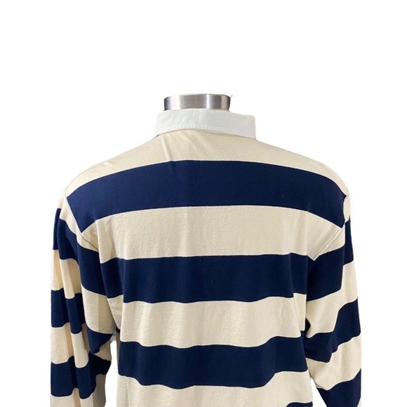 Ralph Lauren Polo Men Cream Navy Striped Red Pony Long Sleeve Rugby Polo Sz L - Picture 5 of 10